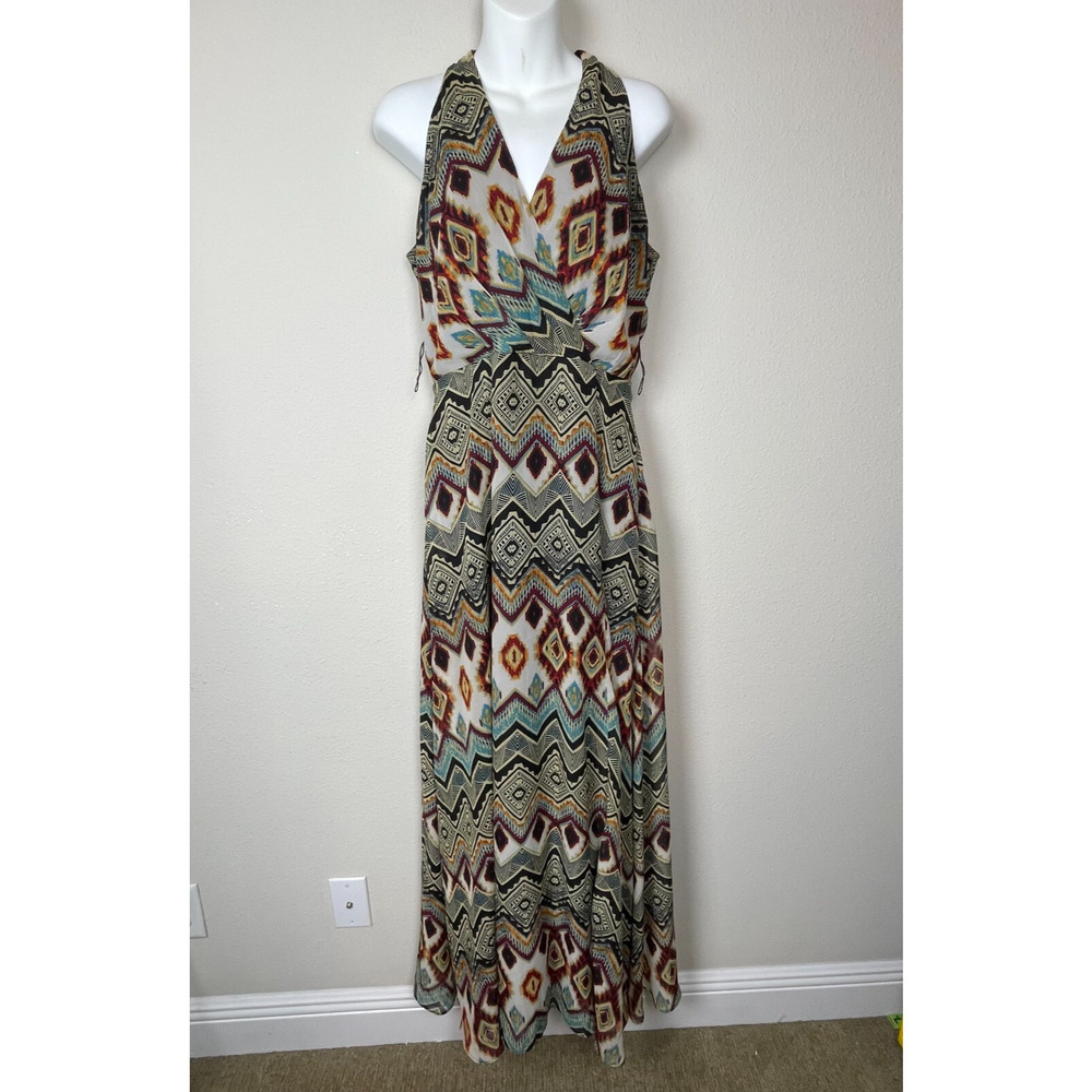 Chetta B Halter Maxi Dress Size 6 Tribal Print Y2K Boho Surplice‎ No Belt